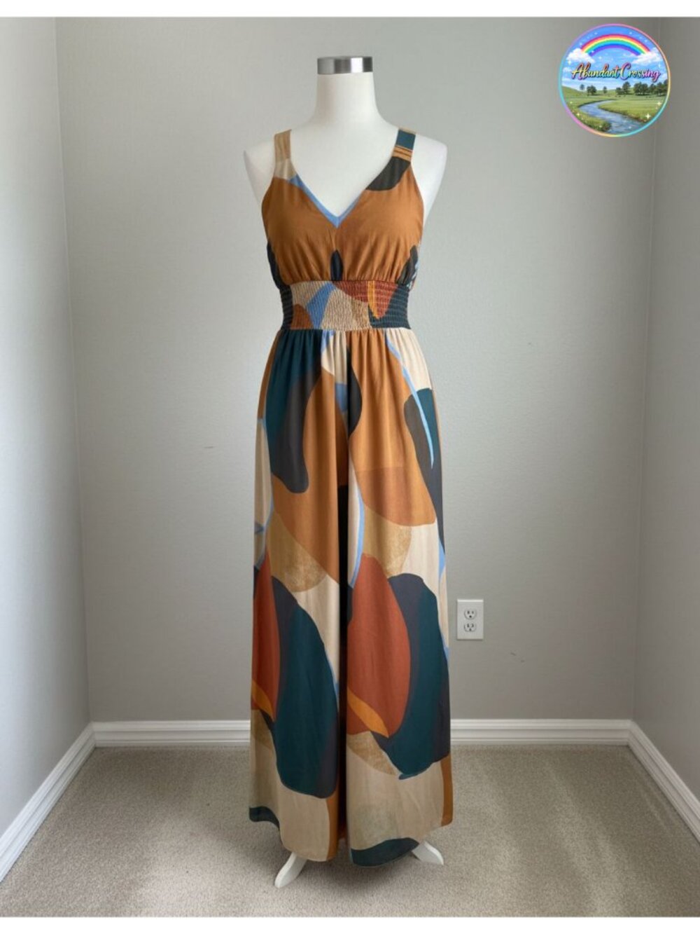 Women's Abstract Print Wide Leg Jumpsuit V Neck Sleeveless Beach Romper